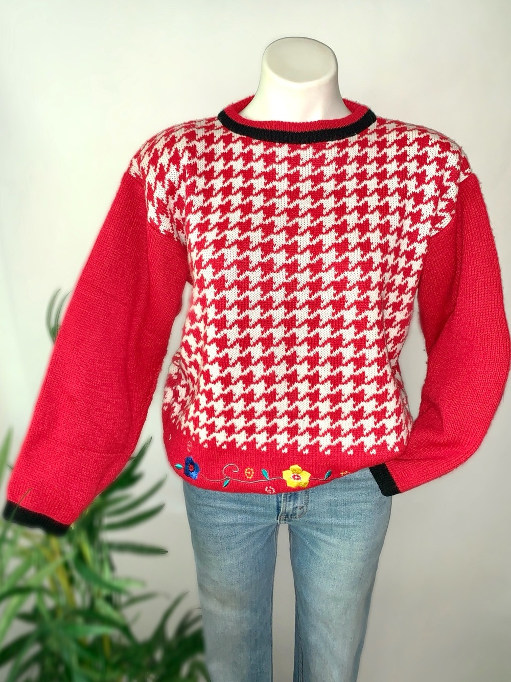 Vintage Houndstooth Yacht Club Knit Sweater Embroidered Preppy